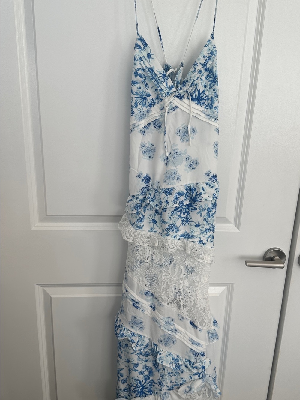 Blue Floral Lace-Trim Maxi Dress with Adjustable Straps